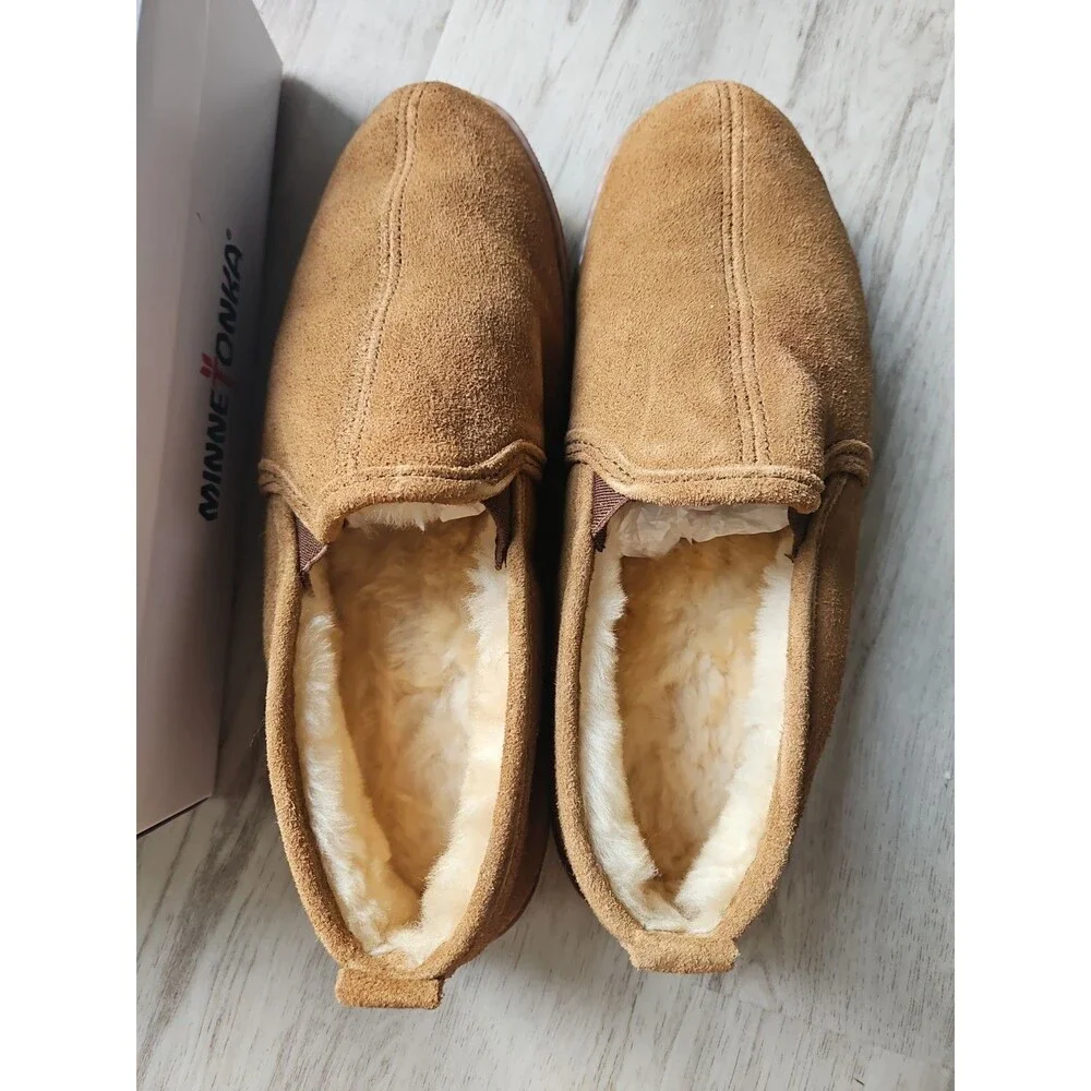NEW  Minnetonka Twin Gore Sheepskin Tan Slippers - US 12